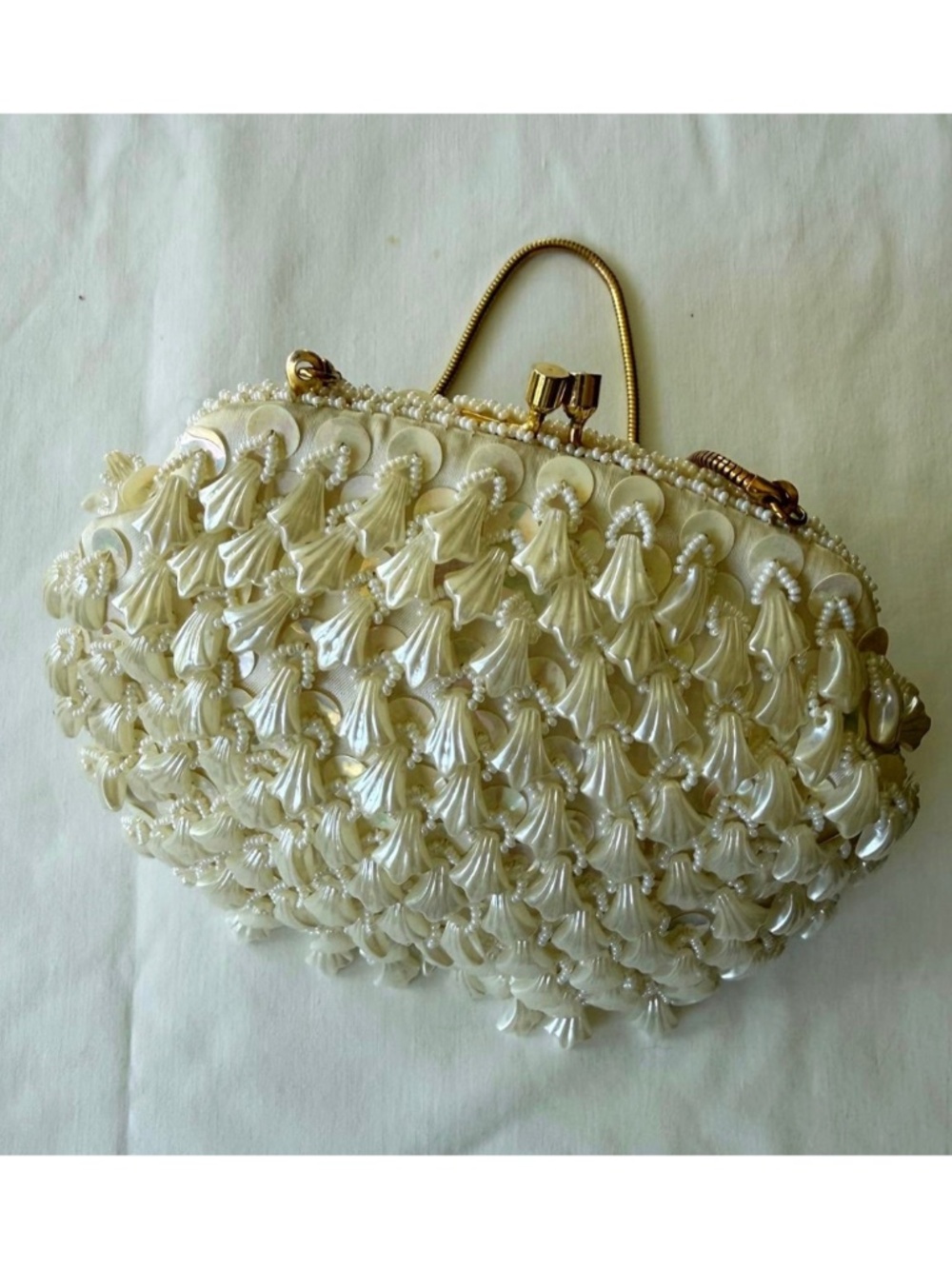 Vtg 50s Evening Bag with Dangling Beads - Cream / Gold